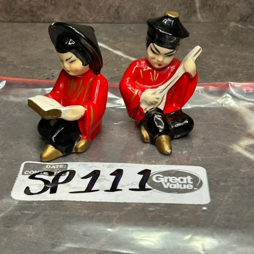 Vintage Asian Boy and Girl Ceramic Salt and Pepper Shakers Red Black Gold Set